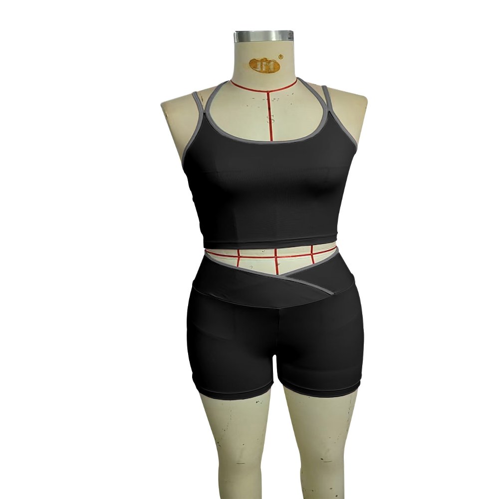 女士运动套装 Women Contrast Piping 2‑Piece Fitness Set, Stitched Tank Top & Shorts